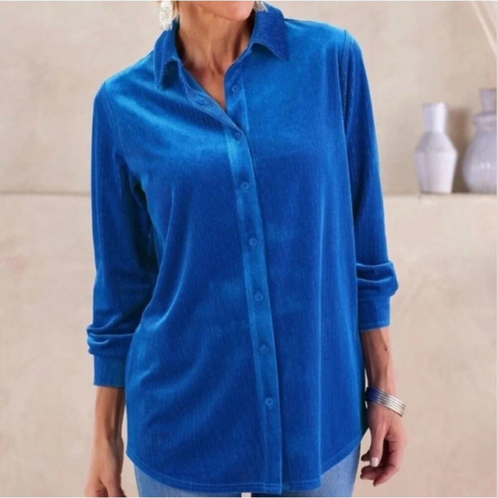 Soft Surroundings Velvet Boyfriend Tunic Shirt | Cobalt Blue | Sz Medium